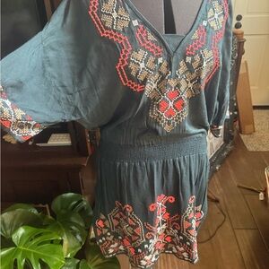 Anthropologie Embroidered Deep Green Dress with Vibrant Coral and Tan Embroidery